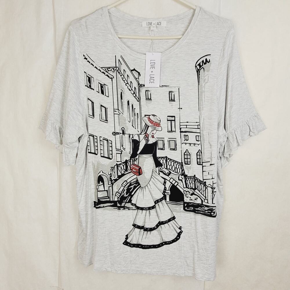 New Love & Lace Venice fashion girl rhinestone ruffled sleeve top Large Artsy